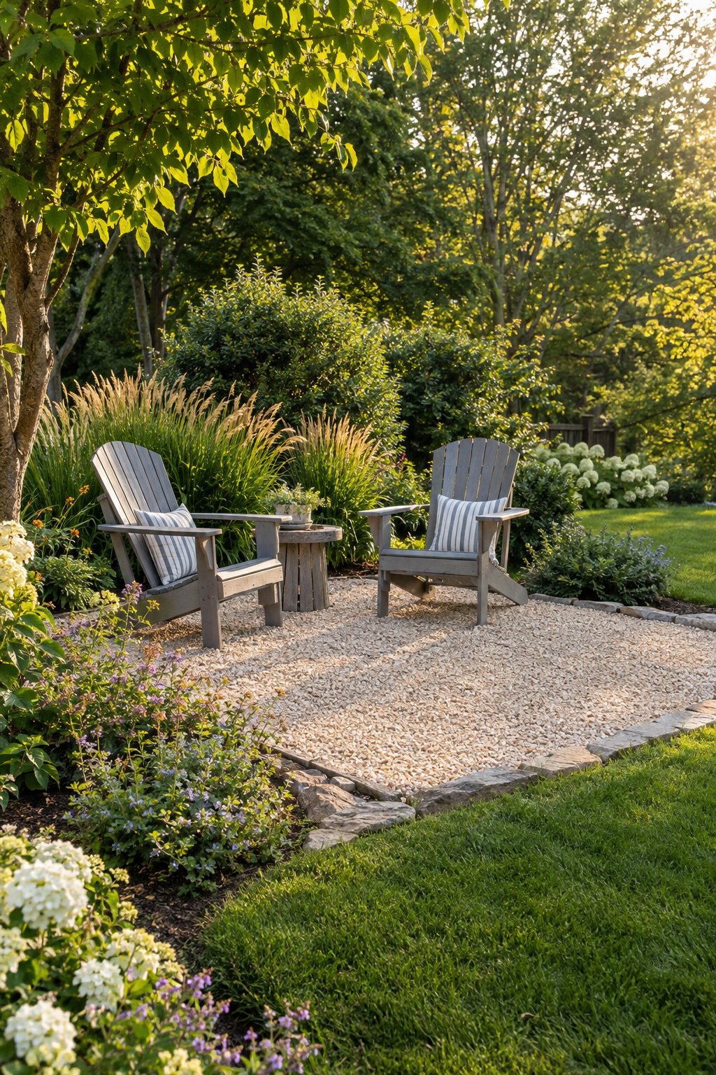 A gravel patio with two Adirondack chairs surrounded by a landscaped backyard garden.