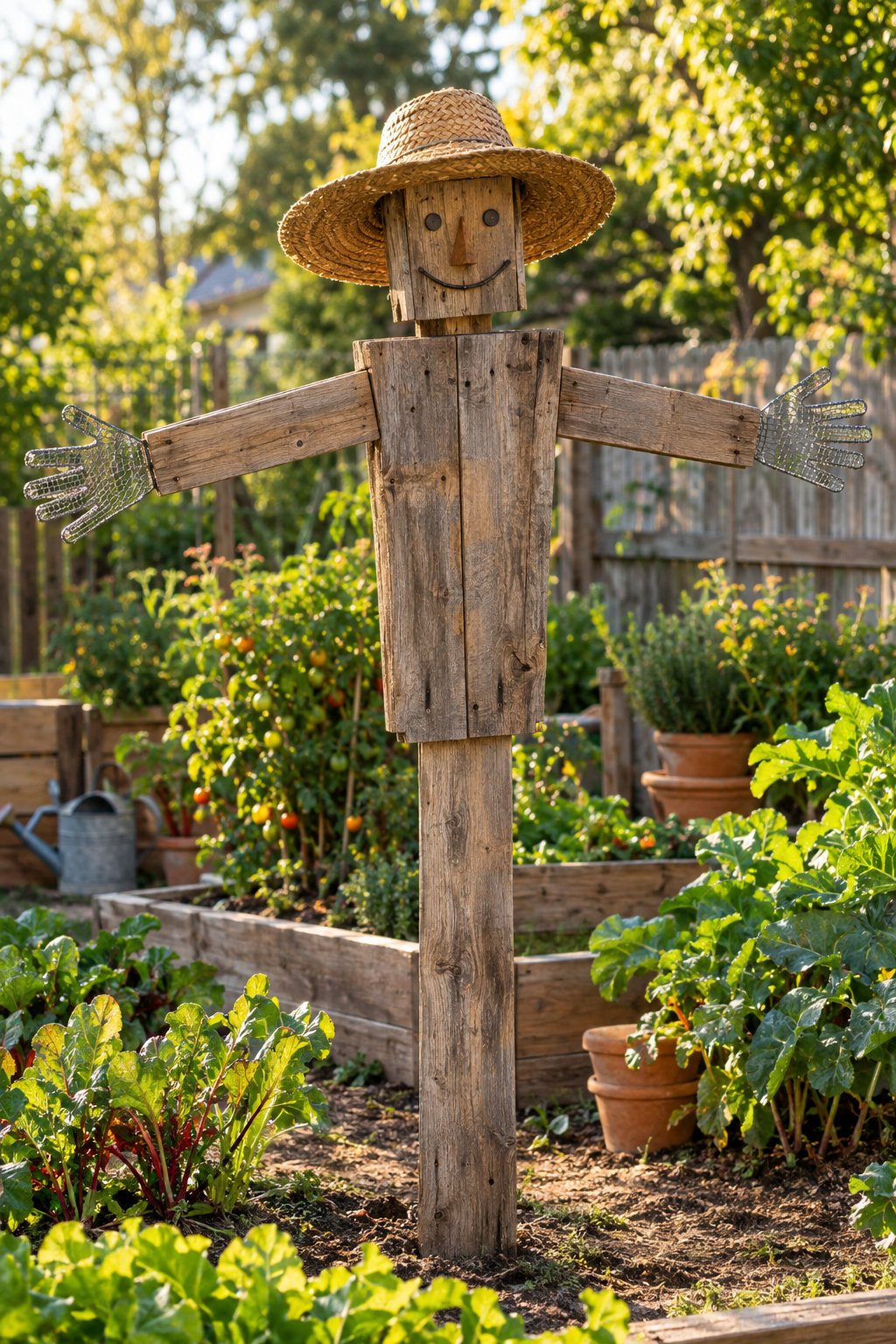 A rustic pallet-wood scarecrow with wire-mesh hands stands in a backyard vegetable garden.