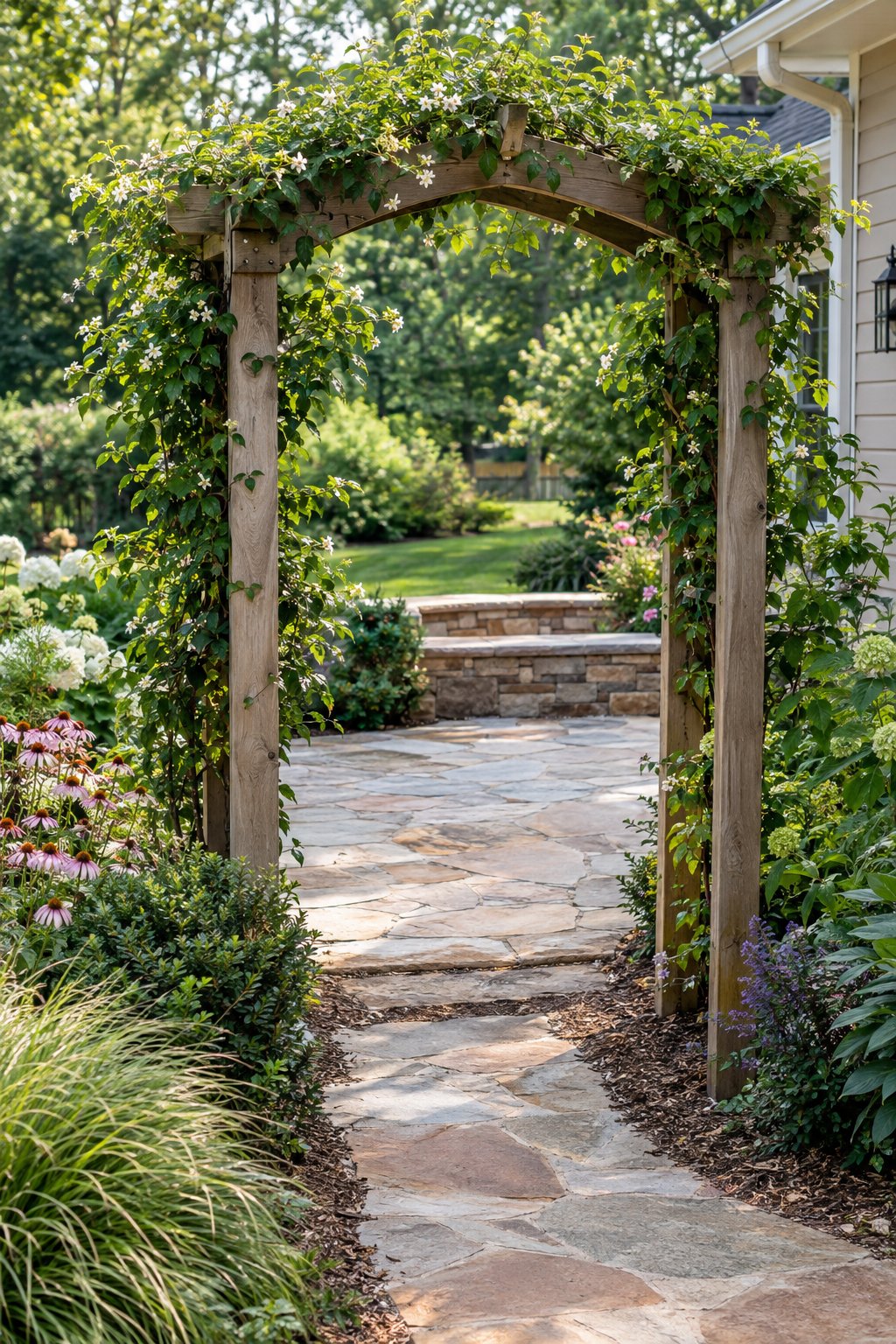 A vine-covered garden arbor opens onto a small natural stone patio surrounded by lush landscaping.