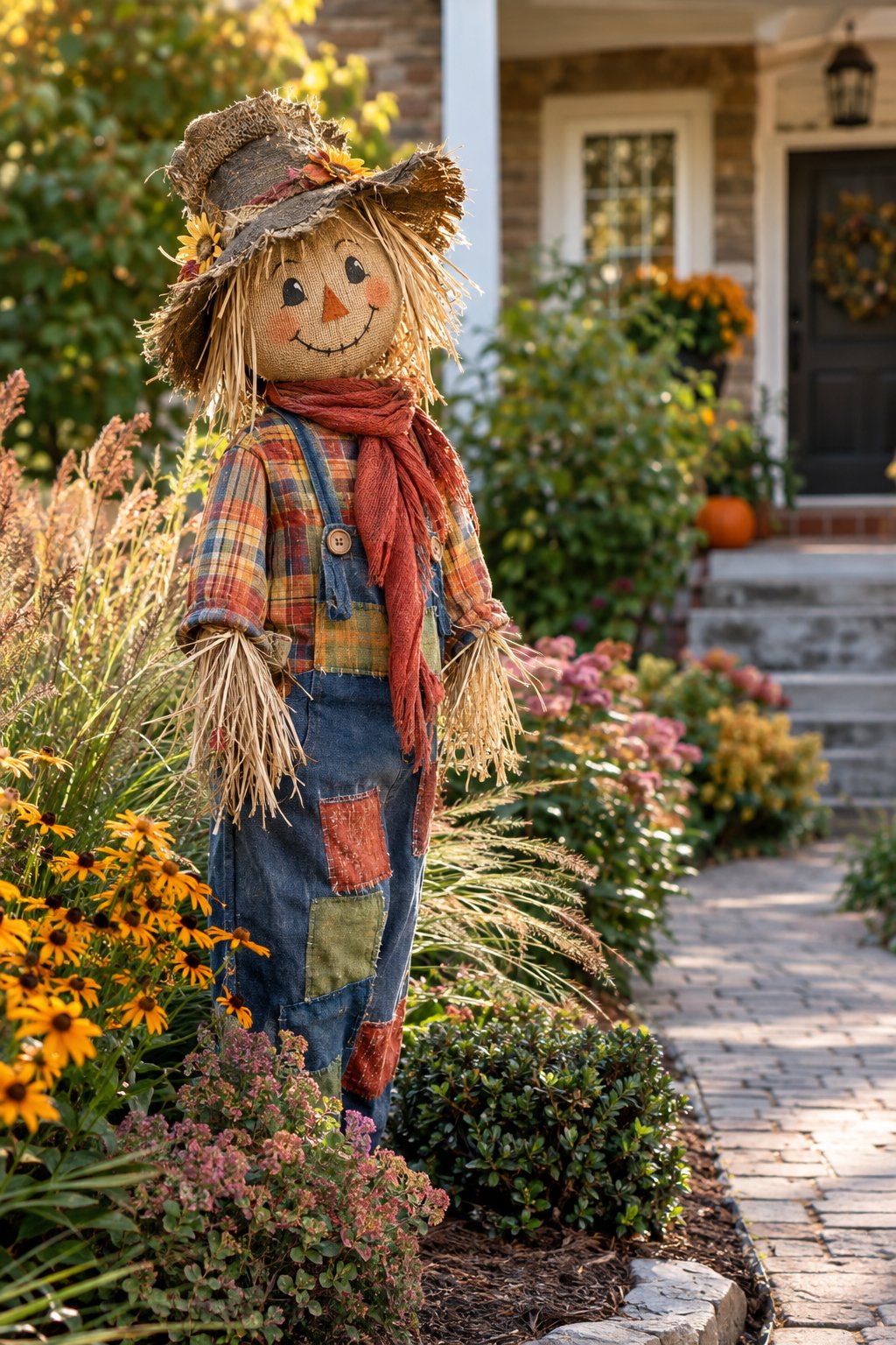A friendly patchwork scarecrow stands beside a garden walkway surrounded by flowers and greenery.