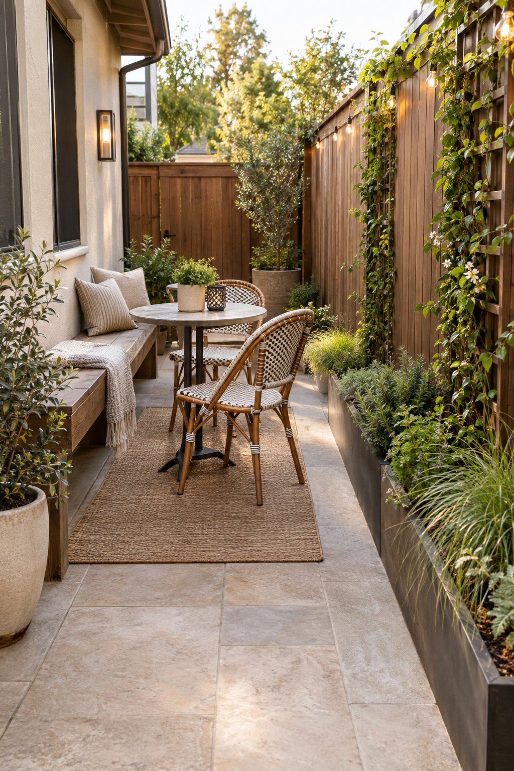 A narrow side yard with a small café table, chairs, plants, and warm outdoor lighting.