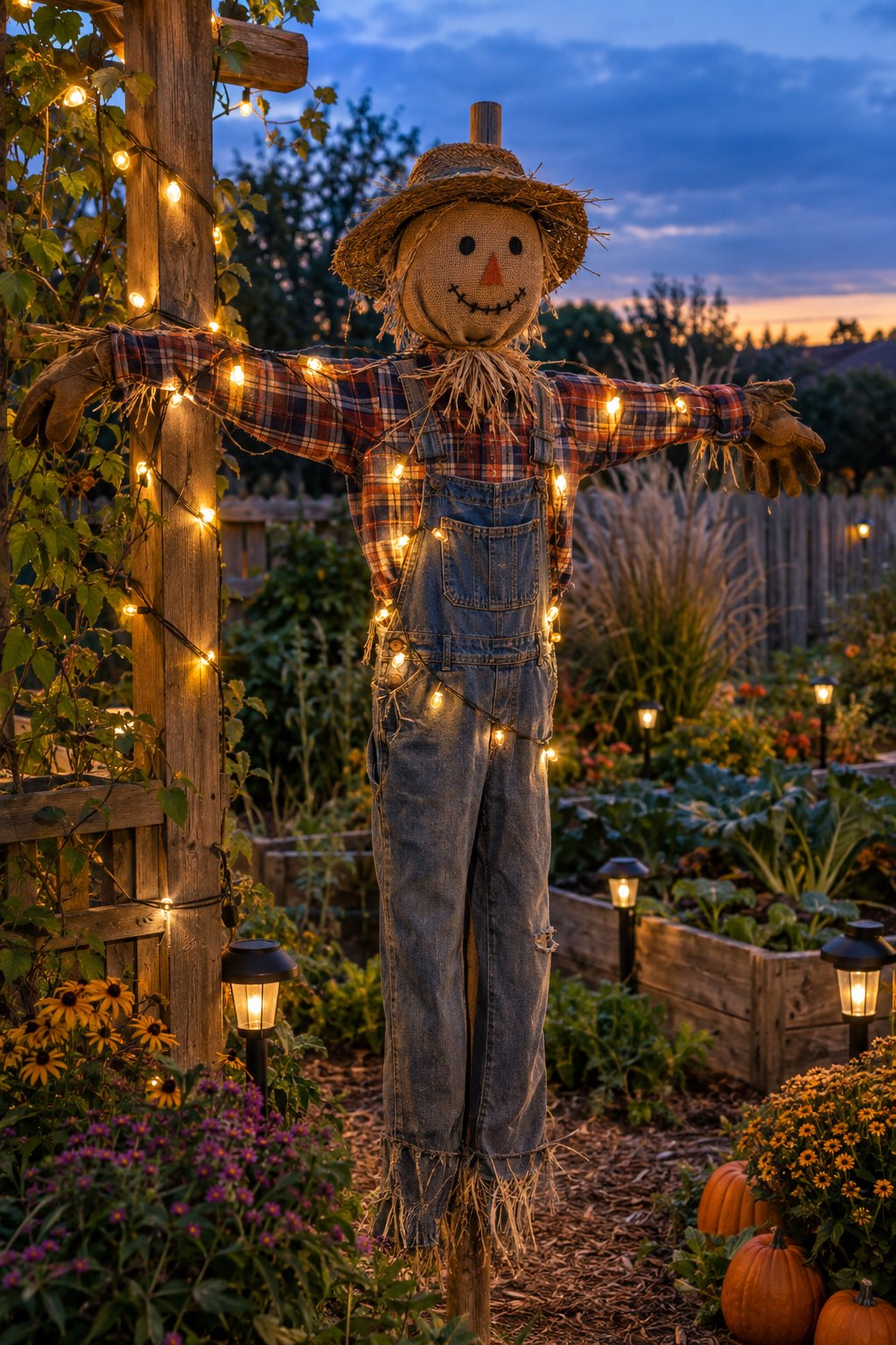 A scarecrow decorated with glowing solar string lights stands in a backyard garden at dusk.