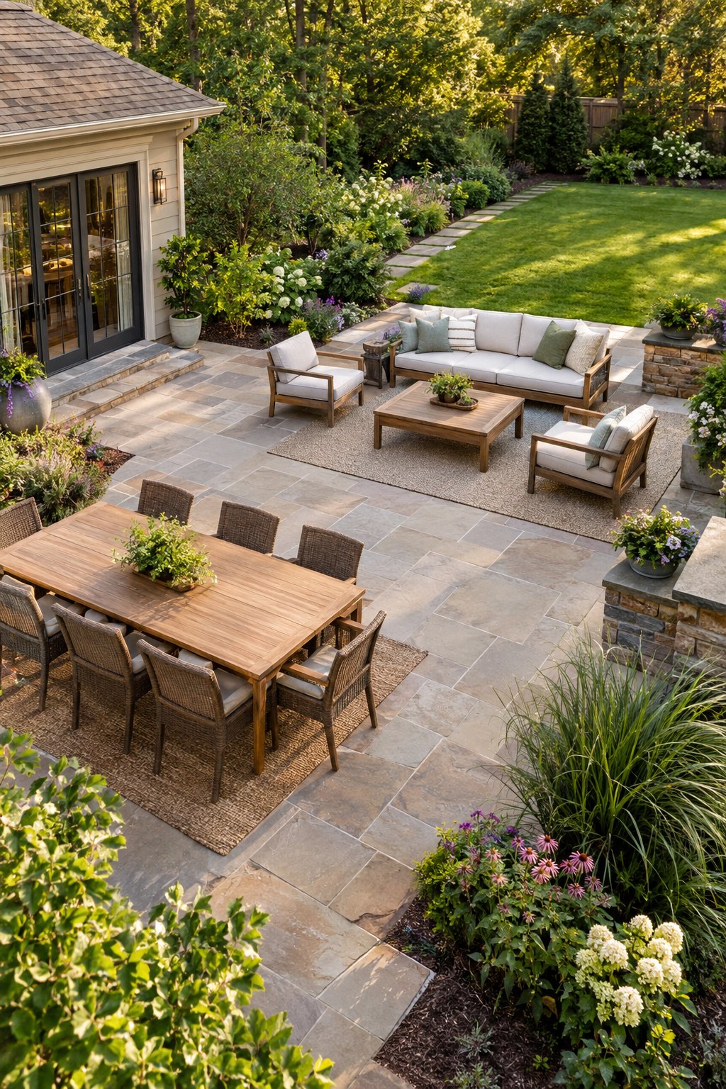 A landscaped backyard patio with separate dining and lounge areas beside a green lawn and garden.