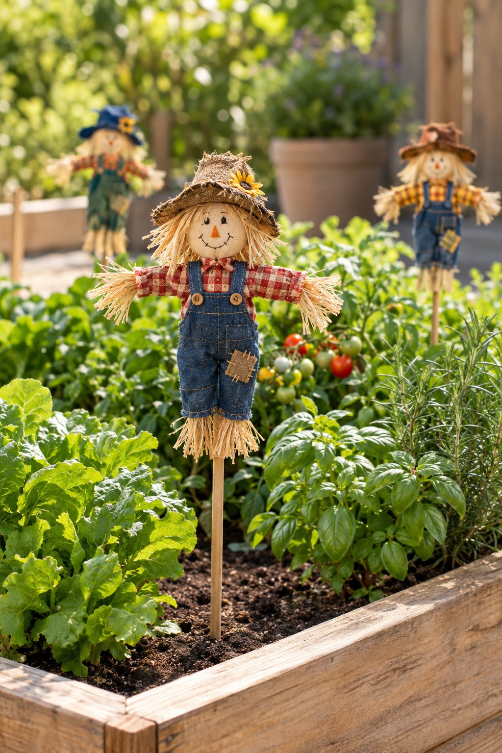A miniature scarecrow stake stands among vegetables in a raised garden bed.