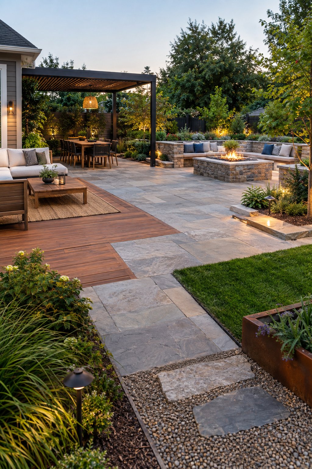 A landscaped backyard patio with several surface materials, seating, planters, lighting, and a fire pit.