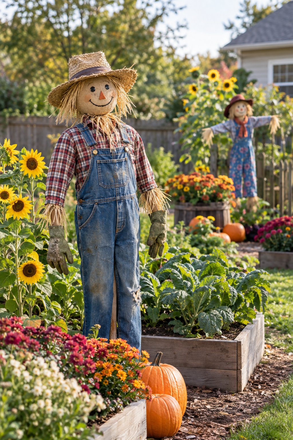 A friendly scarecrow stands among vegetables, pumpkins, sunflowers, and flowers in a backyard garden.