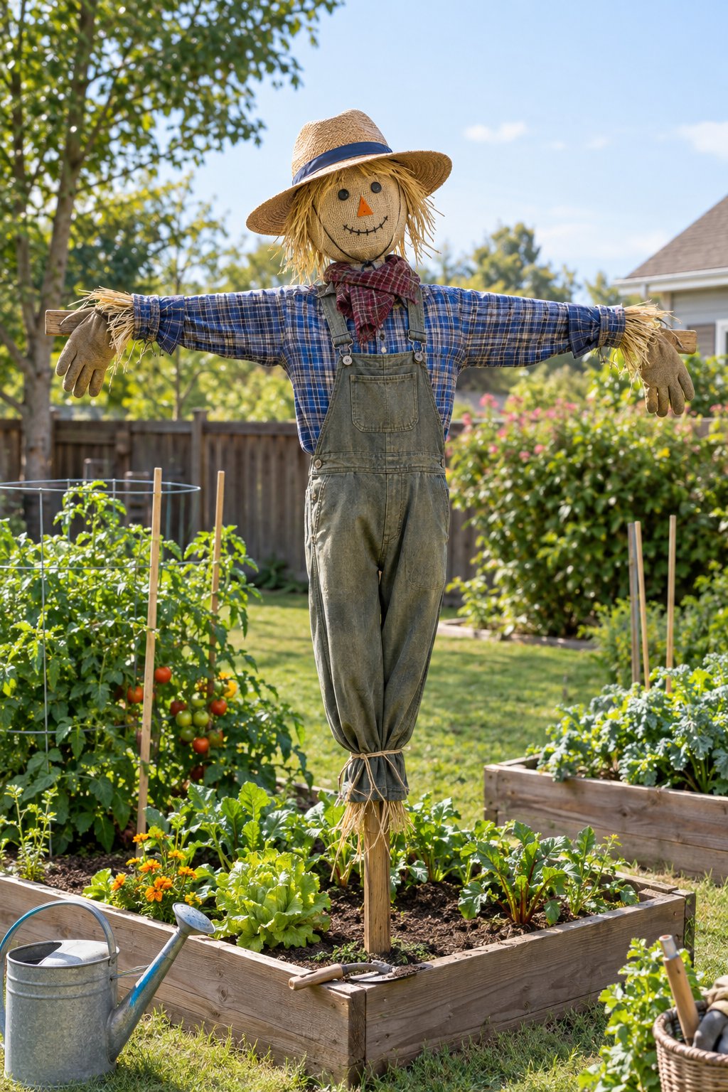 A well-maintained scarecrow stands among vegetable beds in a tidy backyard garden.