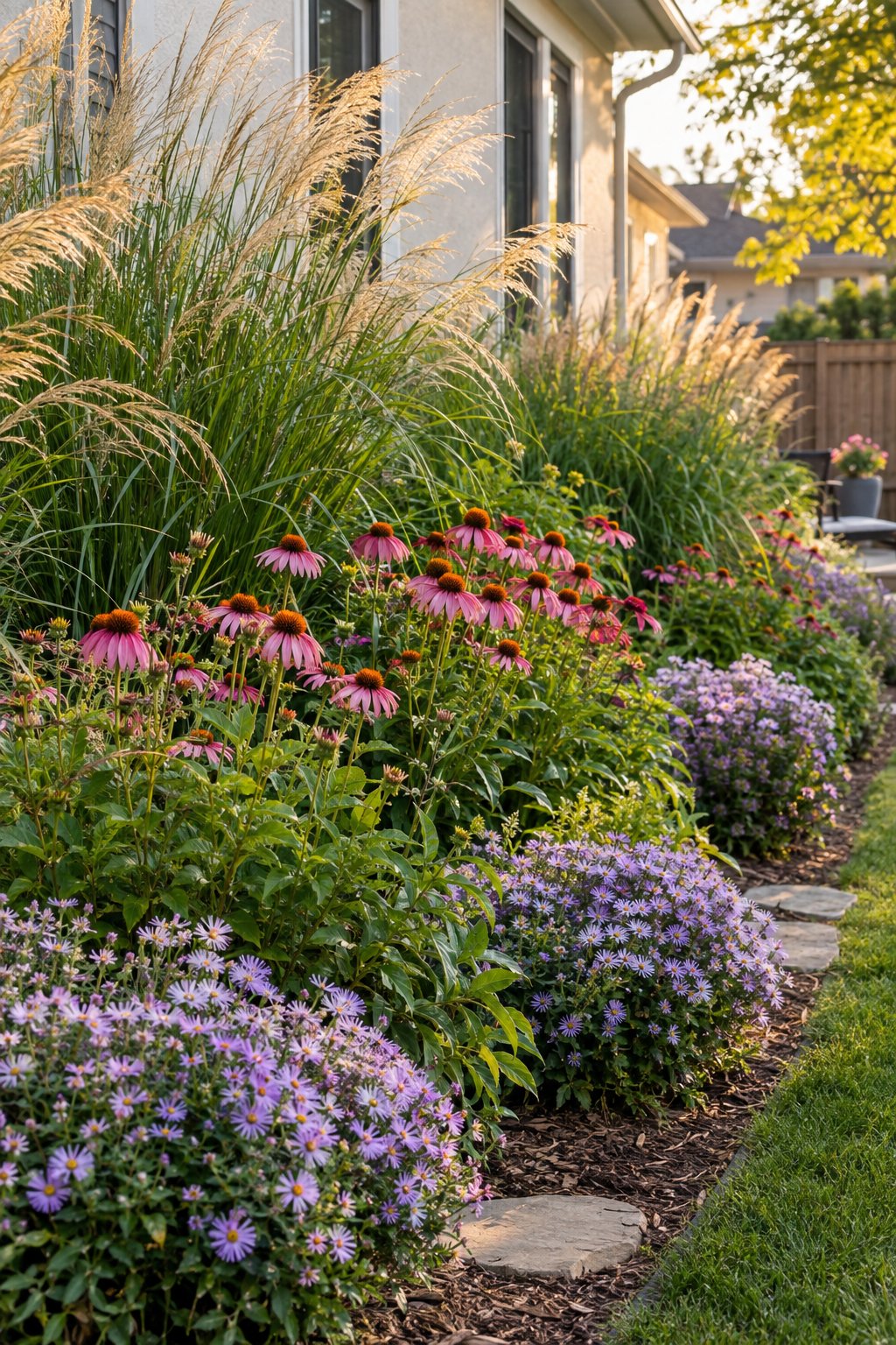 A layered backyard garden border with switchgrass, pink coneflowers, and purple asters.