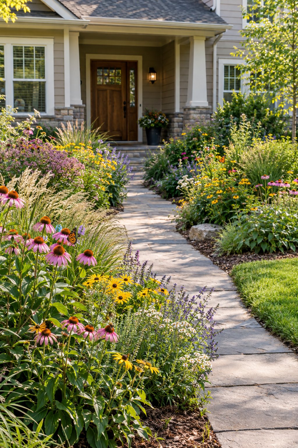 A flower-filled native pollinator garden borders a walkway leading to a home entrance.