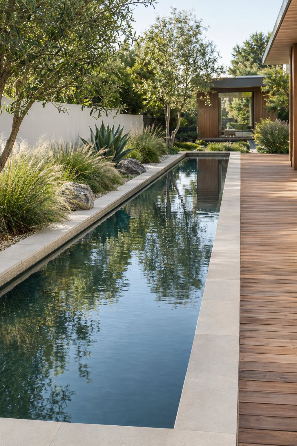A minimalist backyard garden with a long reflecting pool beside a wooden deck.
