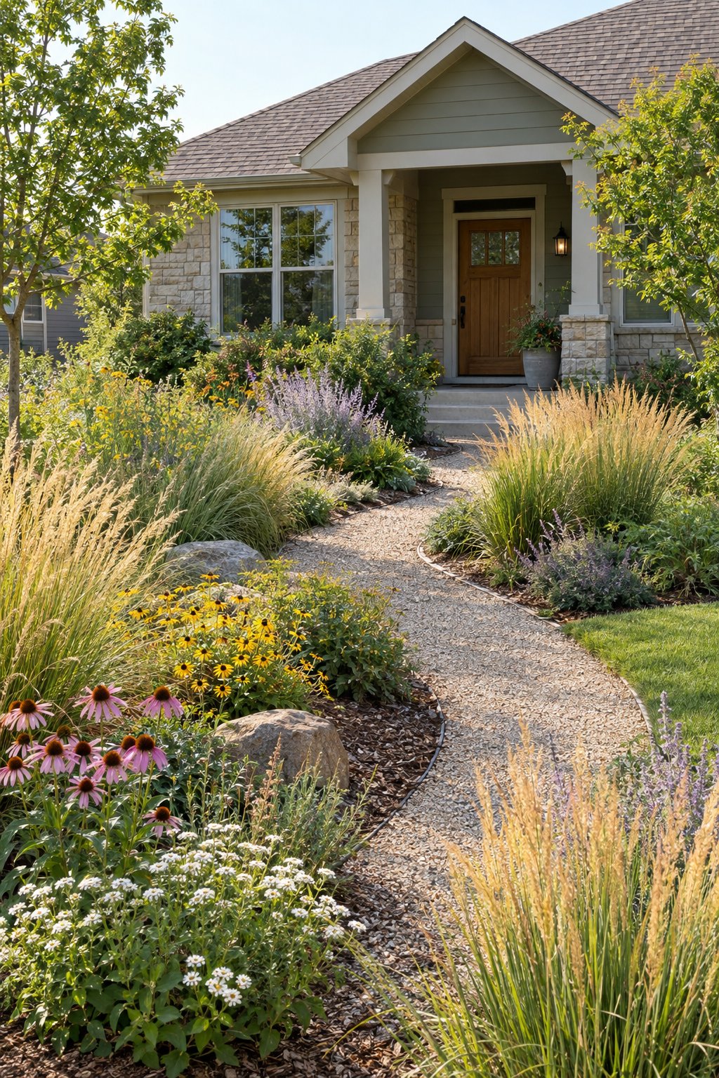 A neatly landscaped front garden with native grasses, flowering plants, and a pathway leading to a house entrance.