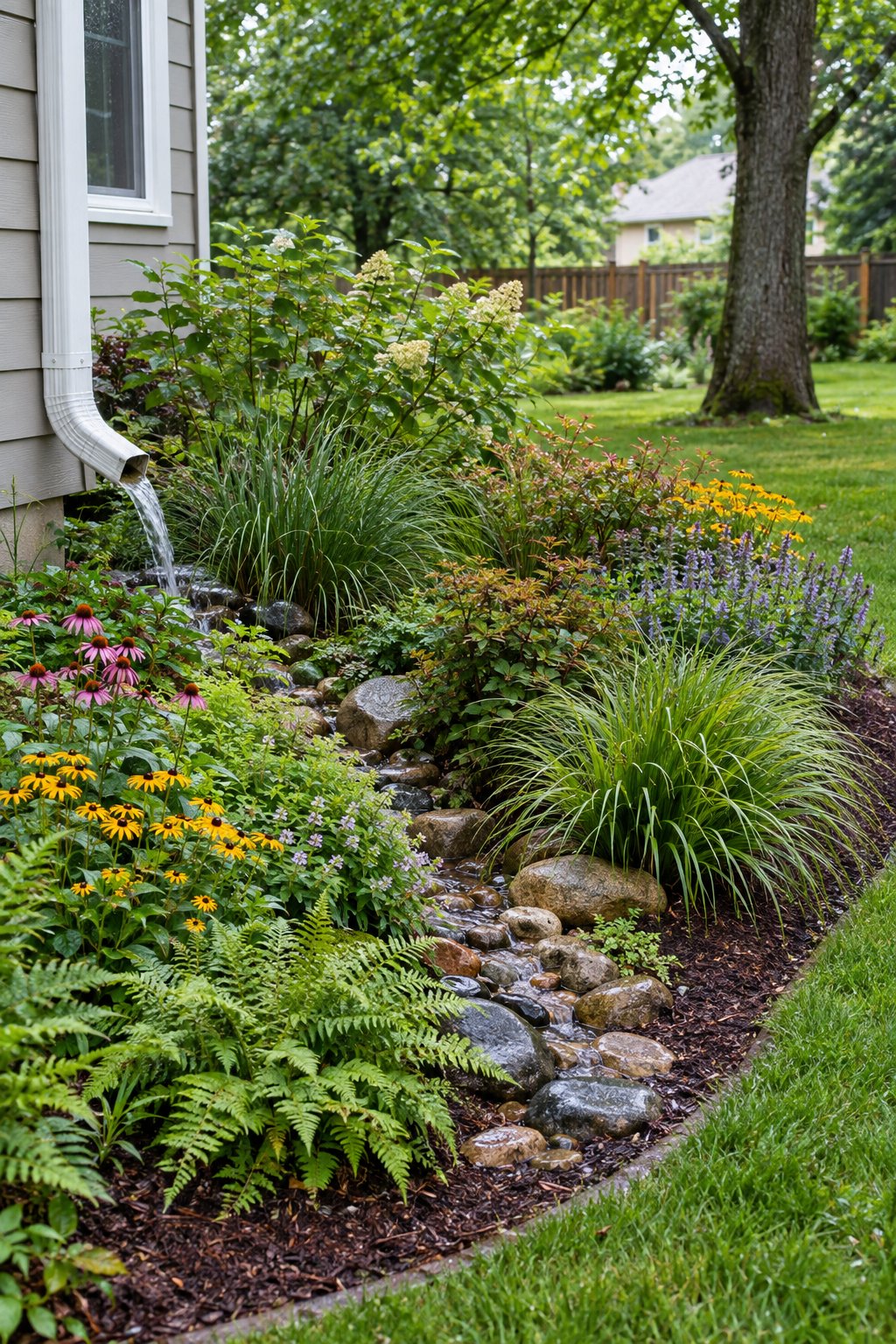 A native plant rain garden collects water beneath a backyard downspout.