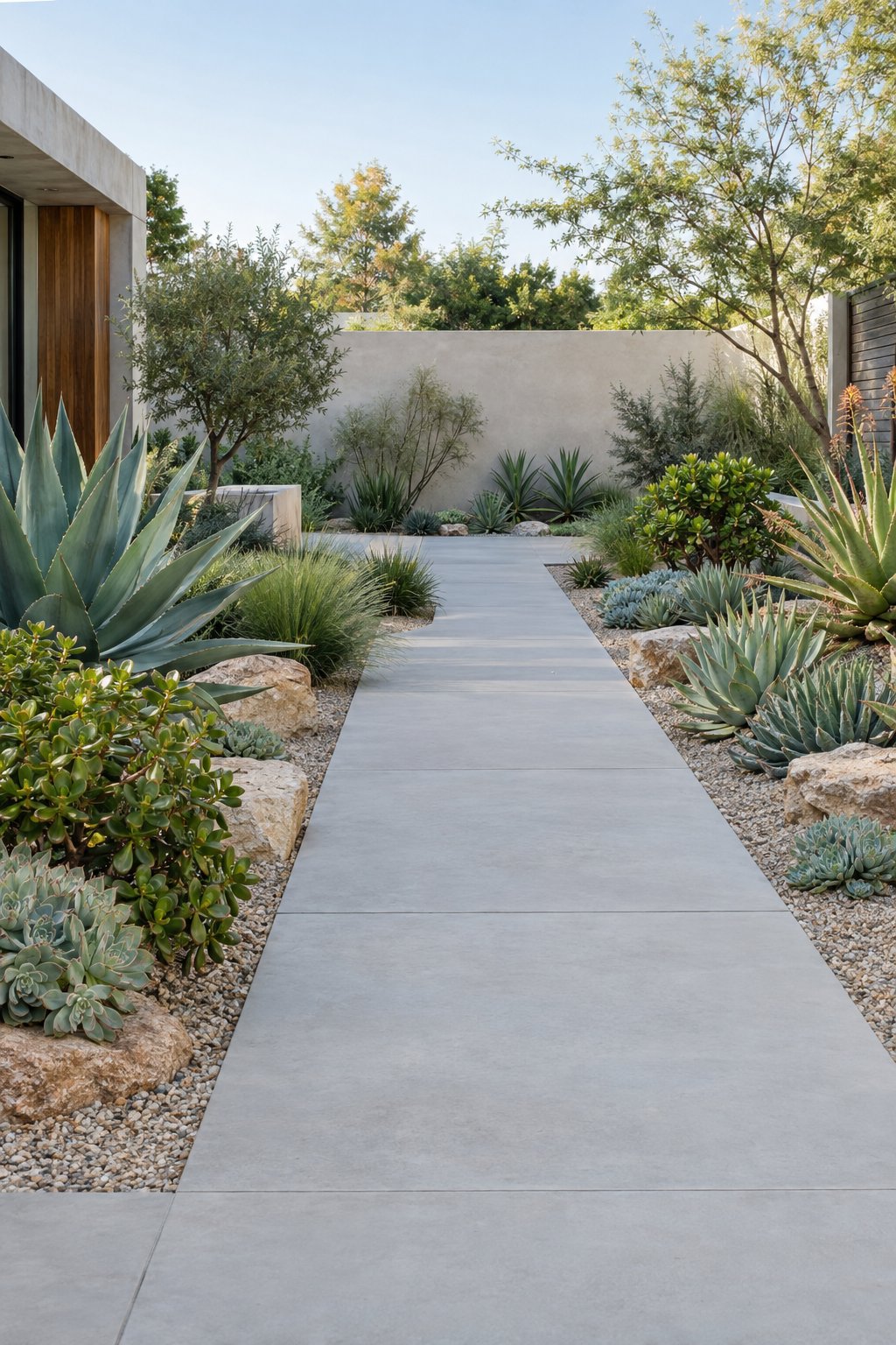 A wide concrete pathway runs through a minimalist backyard garden lined with succulents.