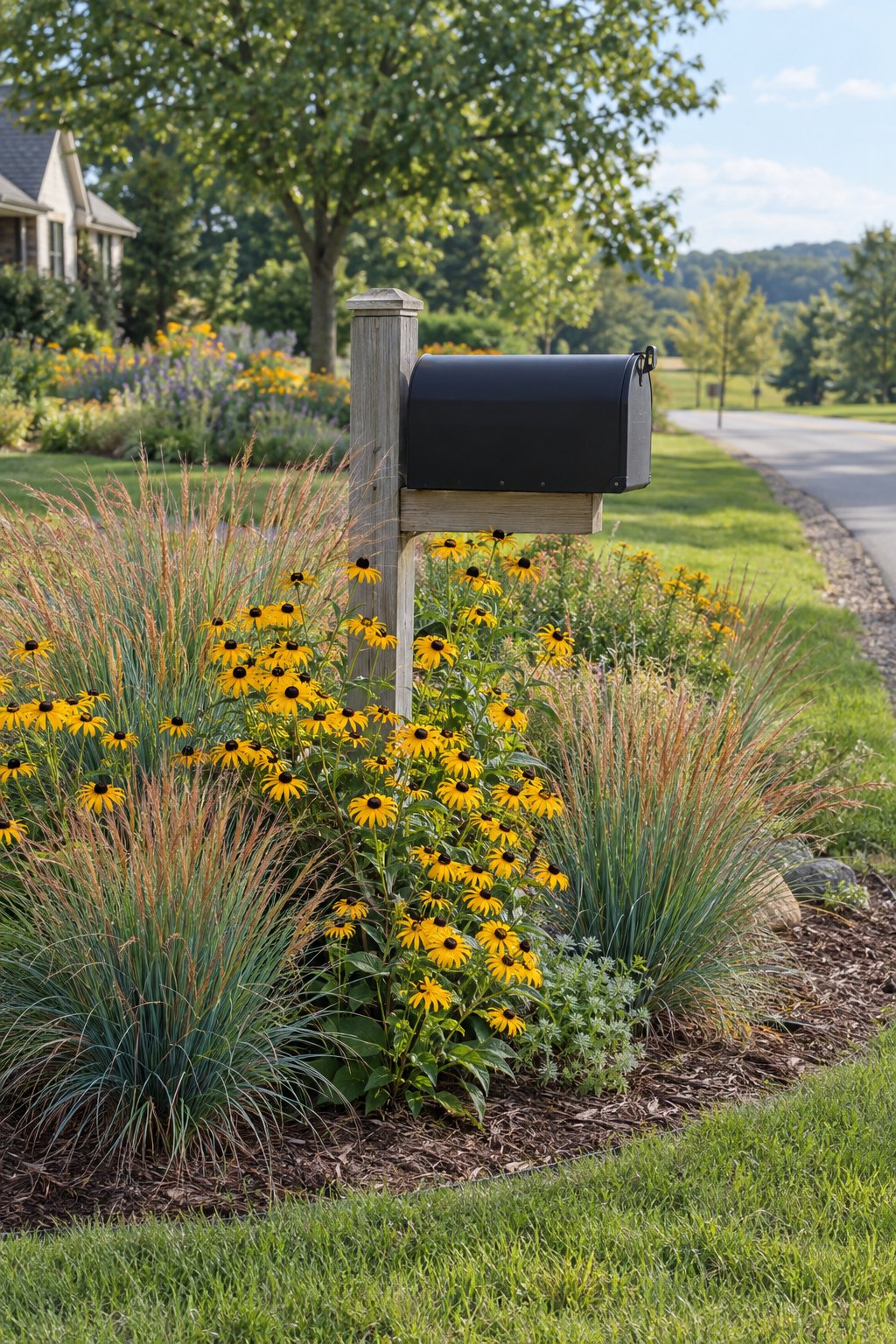 A mailbox surrounded by blooming black-eyed Susans and clumps of little bluestem grass in a landscaped garden bed.