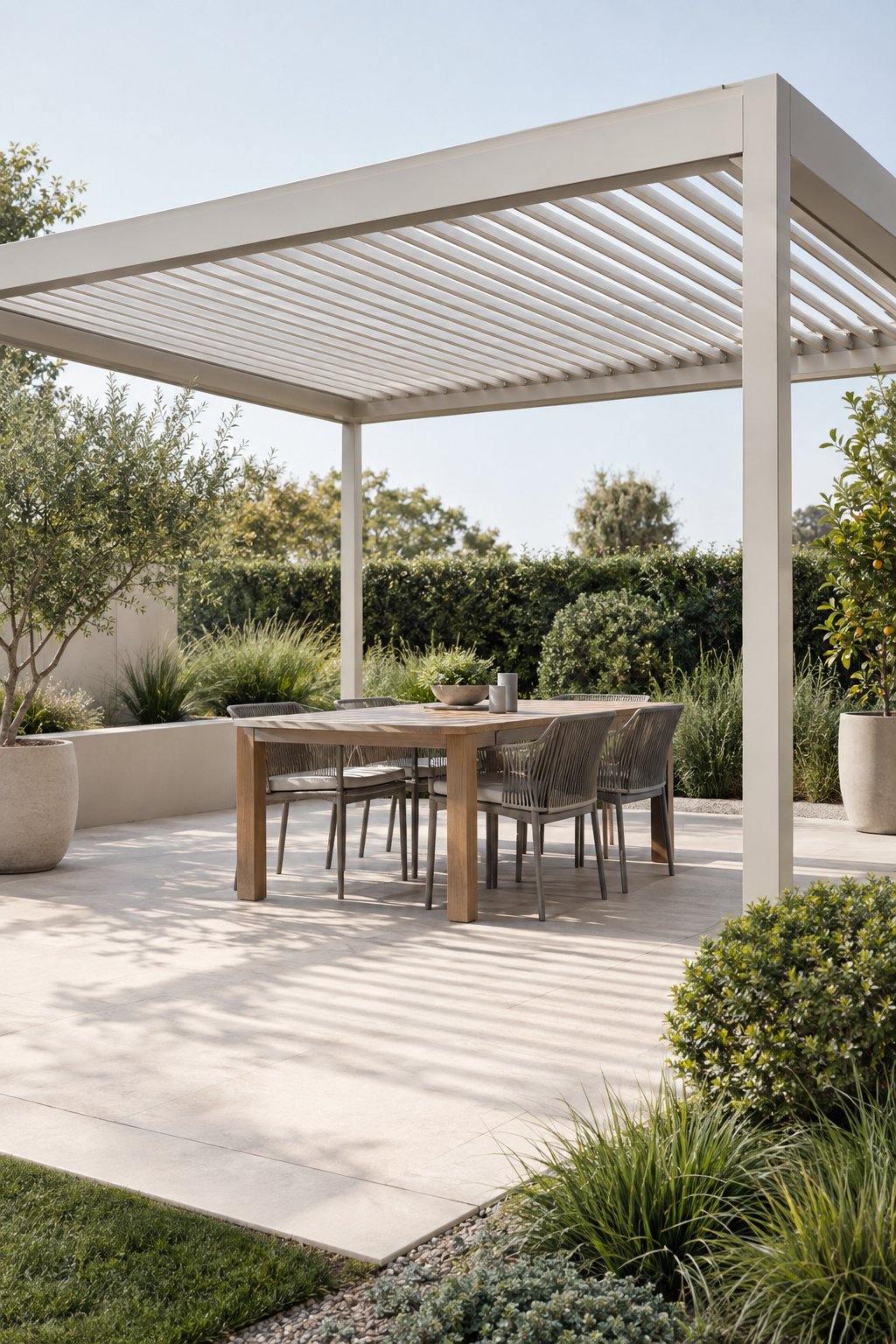 A minimalist backyard garden with a dining table beneath a louvered pergola, surrounded by simple greenery.