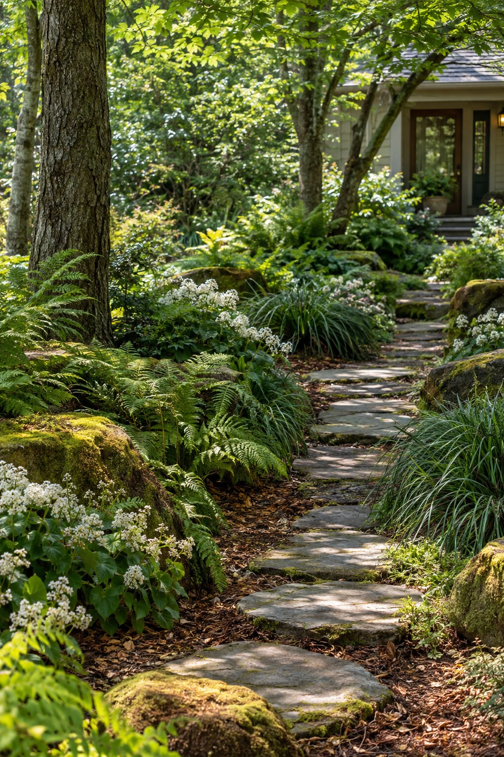 A woodland entry garden with ferns, sedges, foamflowers, and a curving stone path beneath mature trees.
