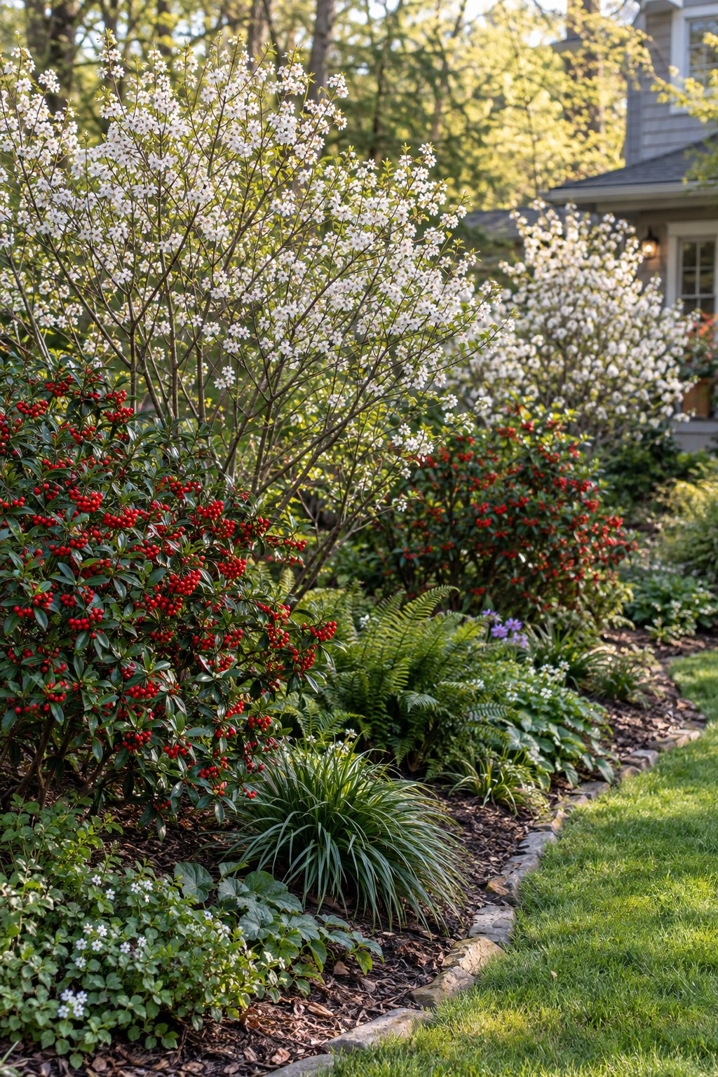 A backyard garden border planted with serviceberry shrubs, winterberry holly, grasses, ferns, and native groundcovers beside a lawn.