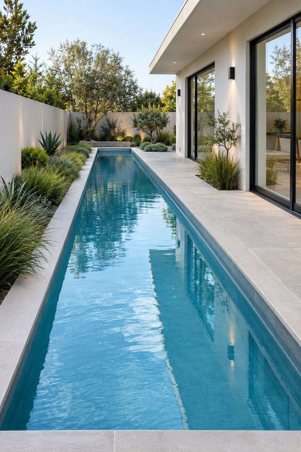 A narrow lap pool runs alongside a modern house in a minimalist backyard garden.