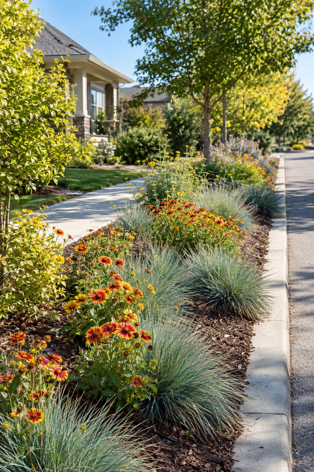 A sunny curb-strip garden with blue grama grass and colorful blanketflowers beside a residential sidewalk.