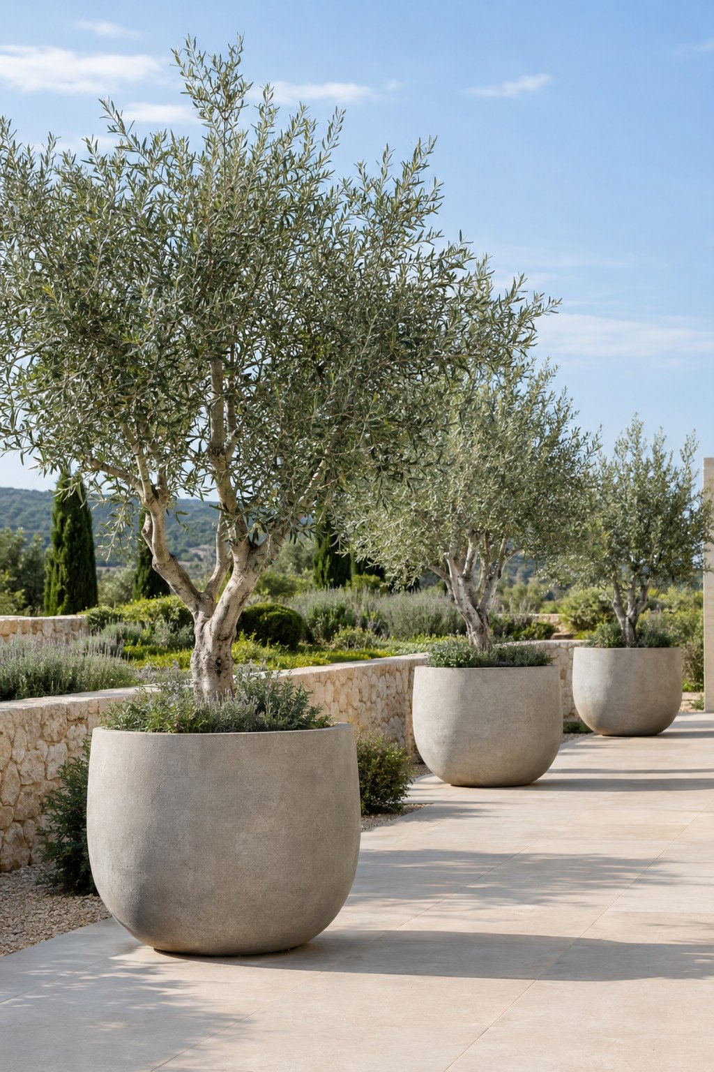 Minimalist backyard garden with large concrete planters holding olive trees.