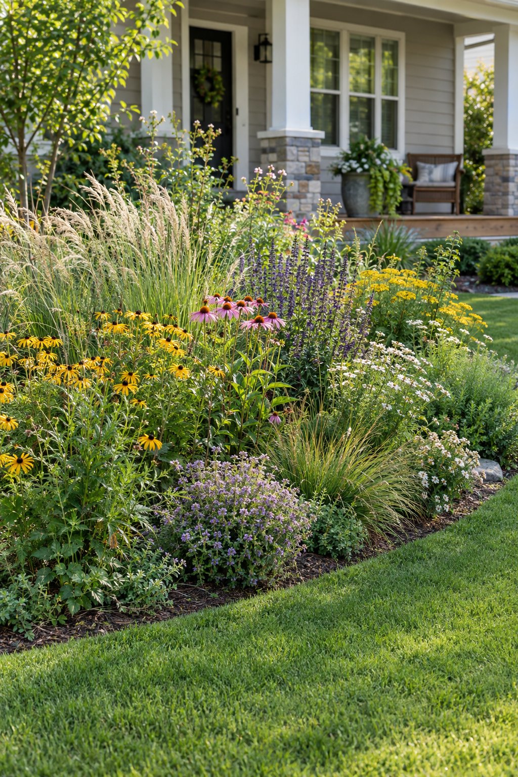 A native wildflower micro-meadow bordered by a neatly mown lawn in a residential front yard.