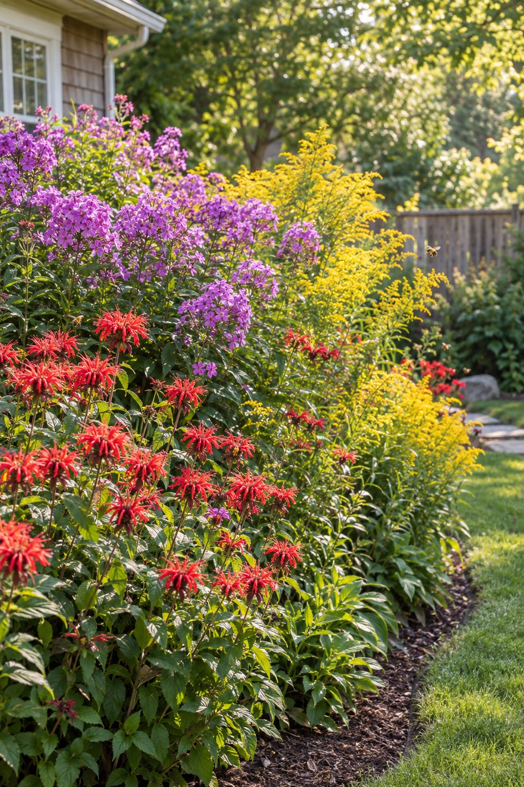 A backyard garden border filled with red bee balm, purple phlox, and yellow goldenrod.
