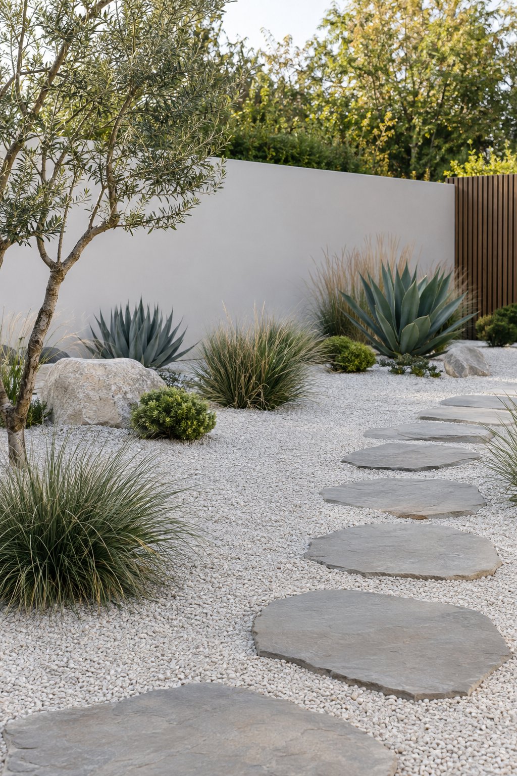 A minimalist backyard garden with white gravel and flat stepping stones surrounded by sparse greenery.