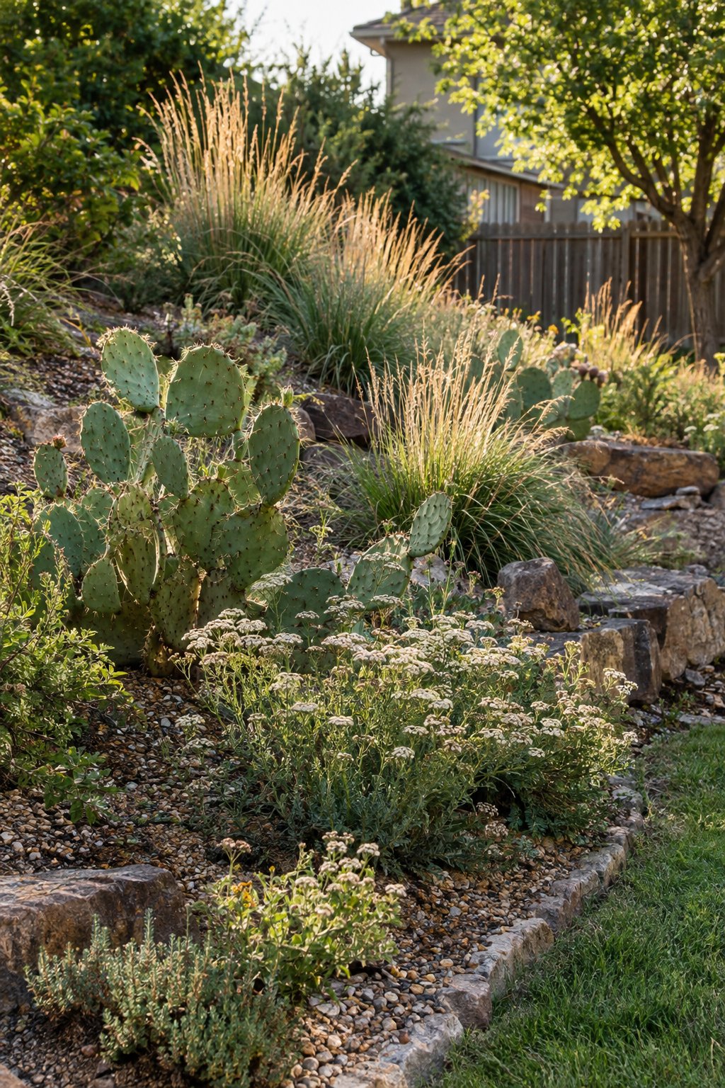 A sloped backyard garden planted with prickly pear, flowering yarrow, and sideoats grama among rocks and gravel.