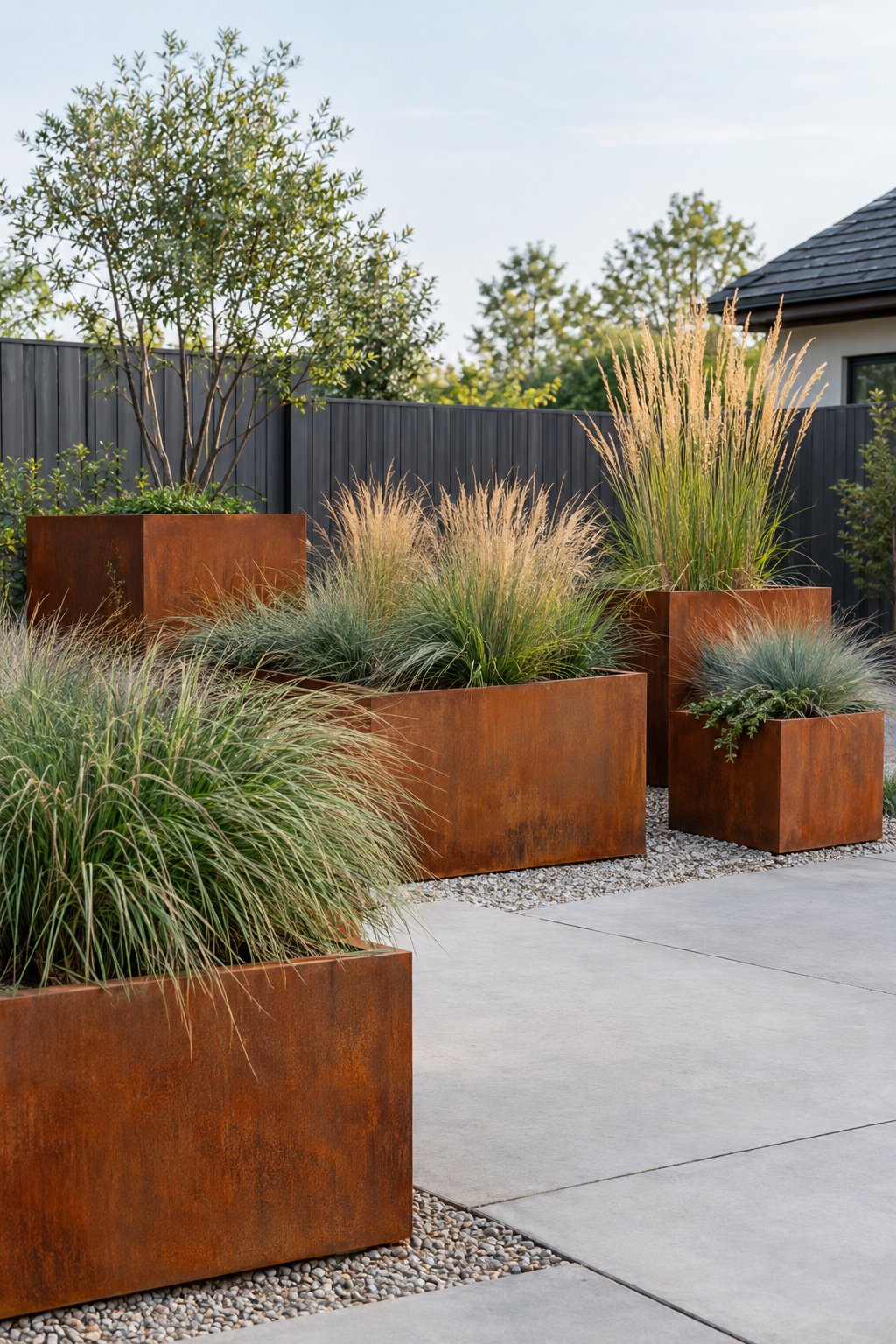 Minimalist backyard garden with rust-colored raised planters filled with ornamental grasses.