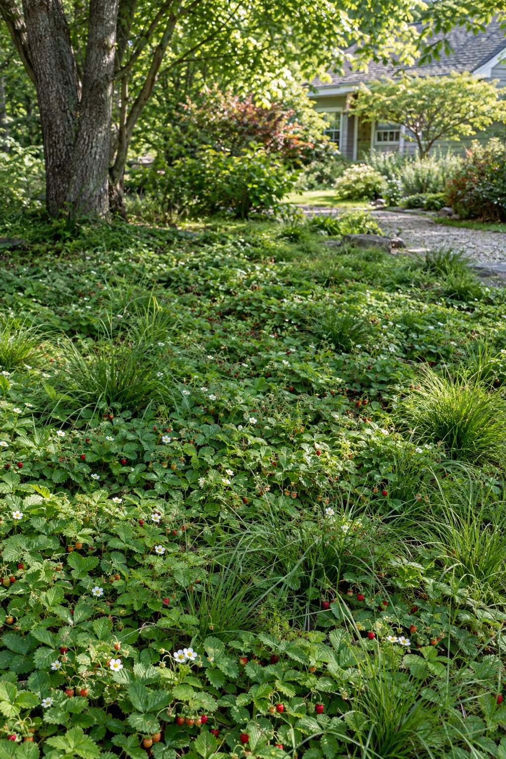 A backyard garden uses wild strawberry groundcover and native sedge instead of a traditional lawn.