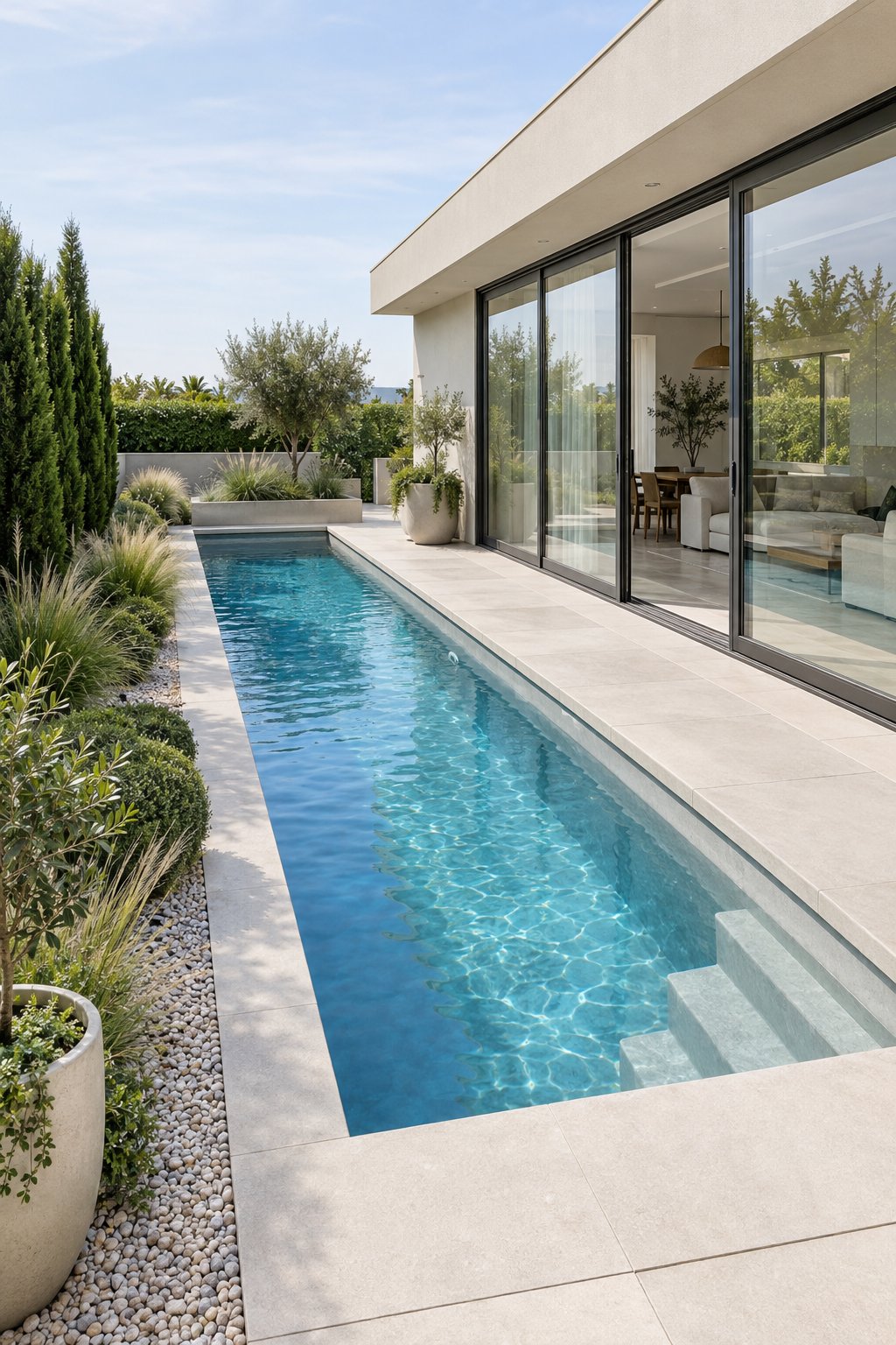 A minimalist backyard garden with a narrow plunge pool beside modern glass patio doors.