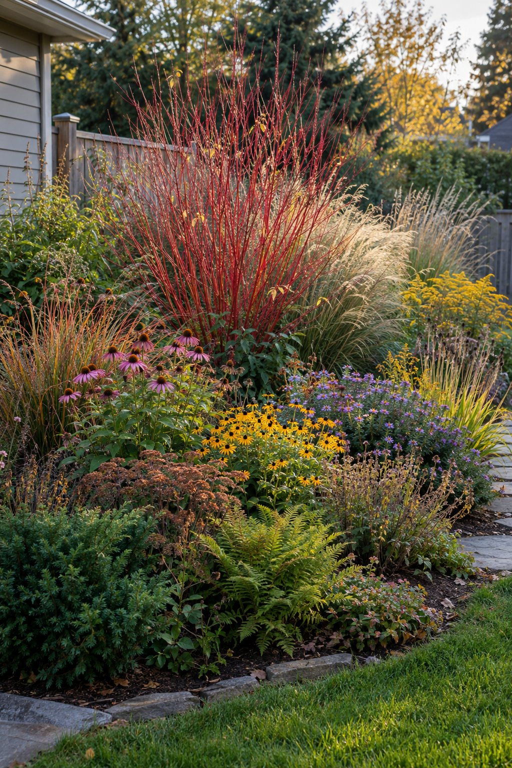 A backyard corner garden bed with a red twig dogwood surrounded by native flowering perennials and grasses.