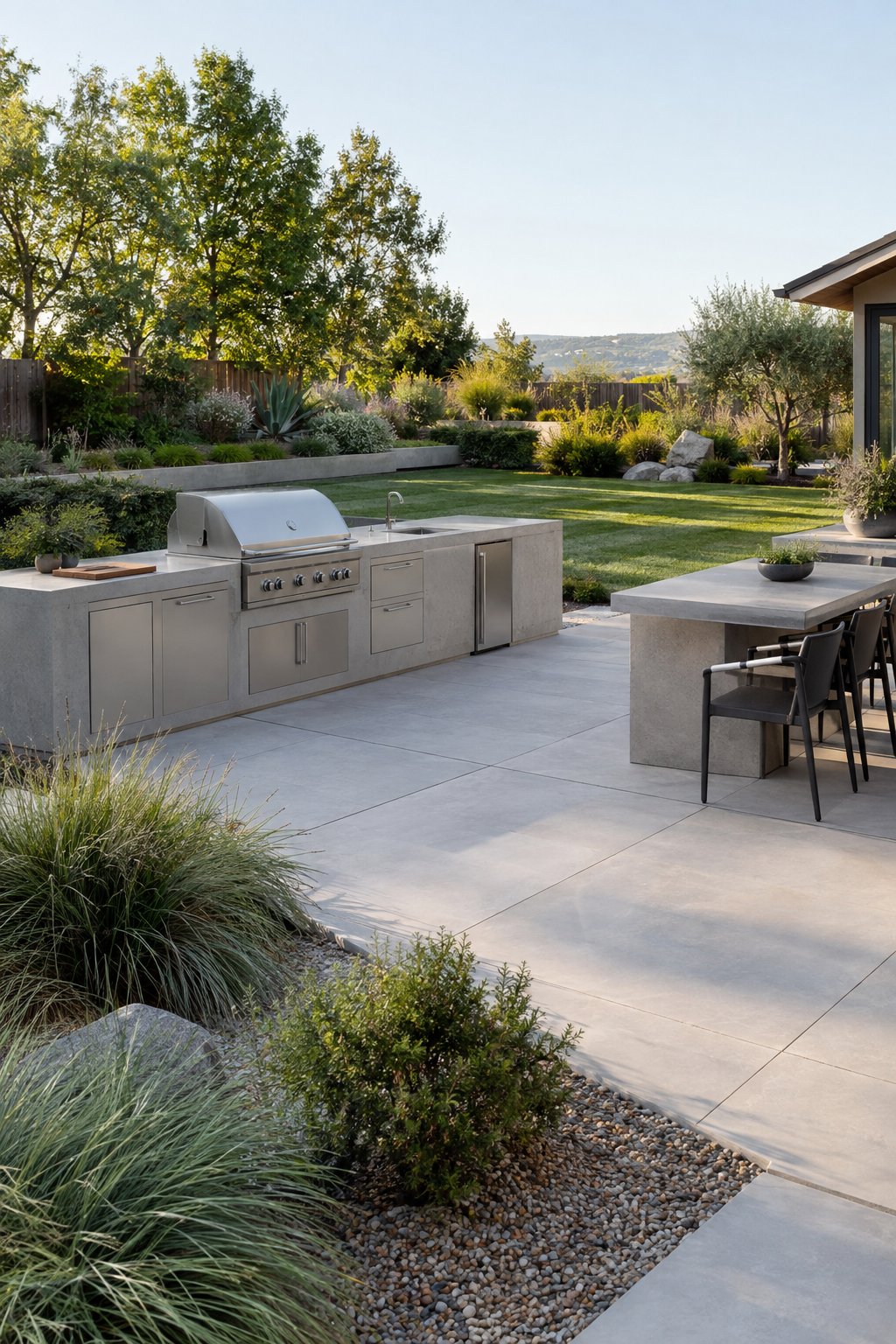 Minimalist backyard garden with a concrete outdoor kitchen and built-in grill.