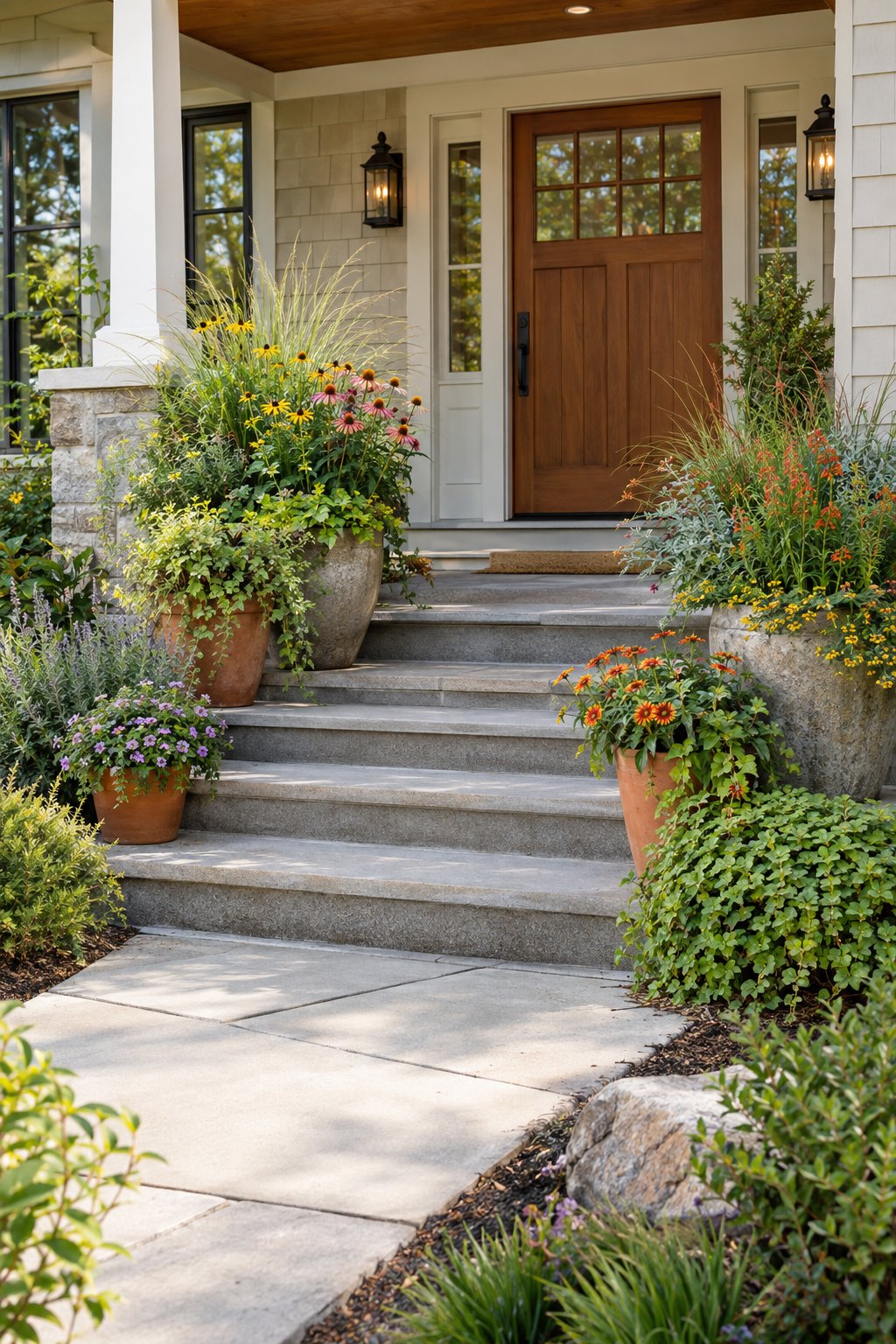 Front steps decorated with planters filled with native flowers, grasses, and leafy plants.