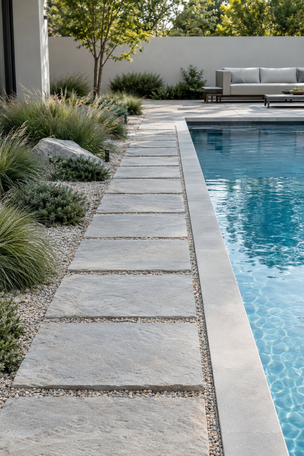 A stone slab path runs beside a swimming pool in a minimalist backyard garden.