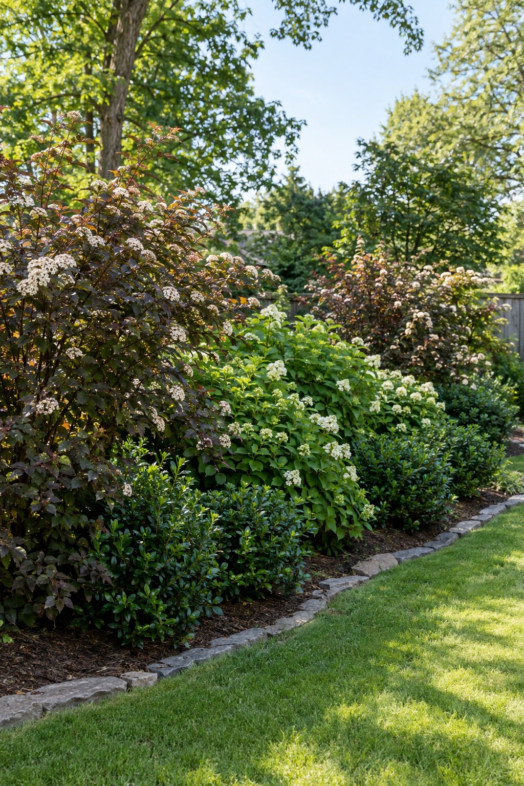 A native backyard hedge combining ninebark, viburnum, and inkberry shrubs beside a neat garden bed and lawn.