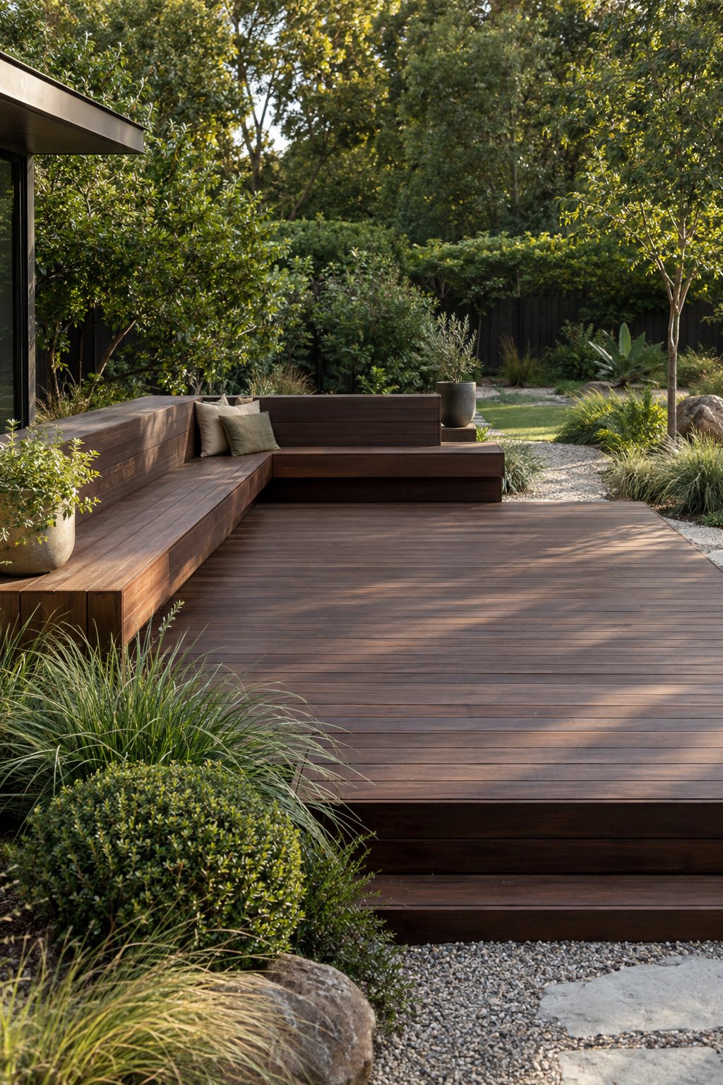 A minimalist backyard garden with a dark raised wooden deck and built-in bench seating.