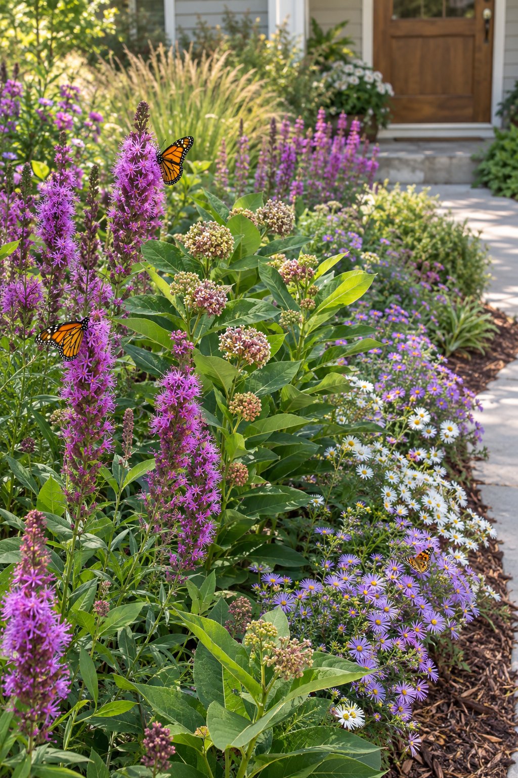 A native backyard garden filled with milkweed, blazing star, asters, and butterflies.