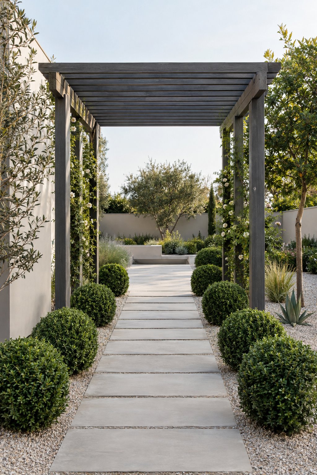 A stone path bordered by neatly trimmed boxwood shrubs leads through a simple pergola in a backyard garden.