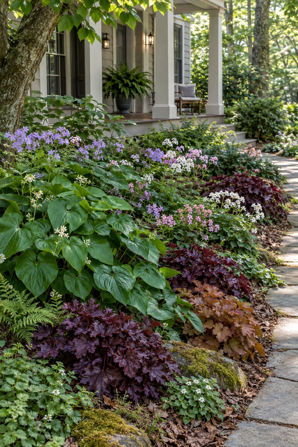 A shady porch garden border filled with wild ginger, heuchera, and woodland phlox.