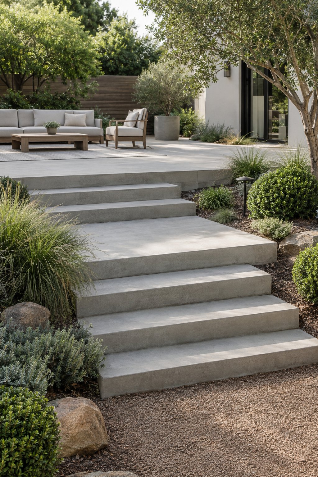 Minimalist backyard garden with multi-level concrete patio steps surrounded by green plants.