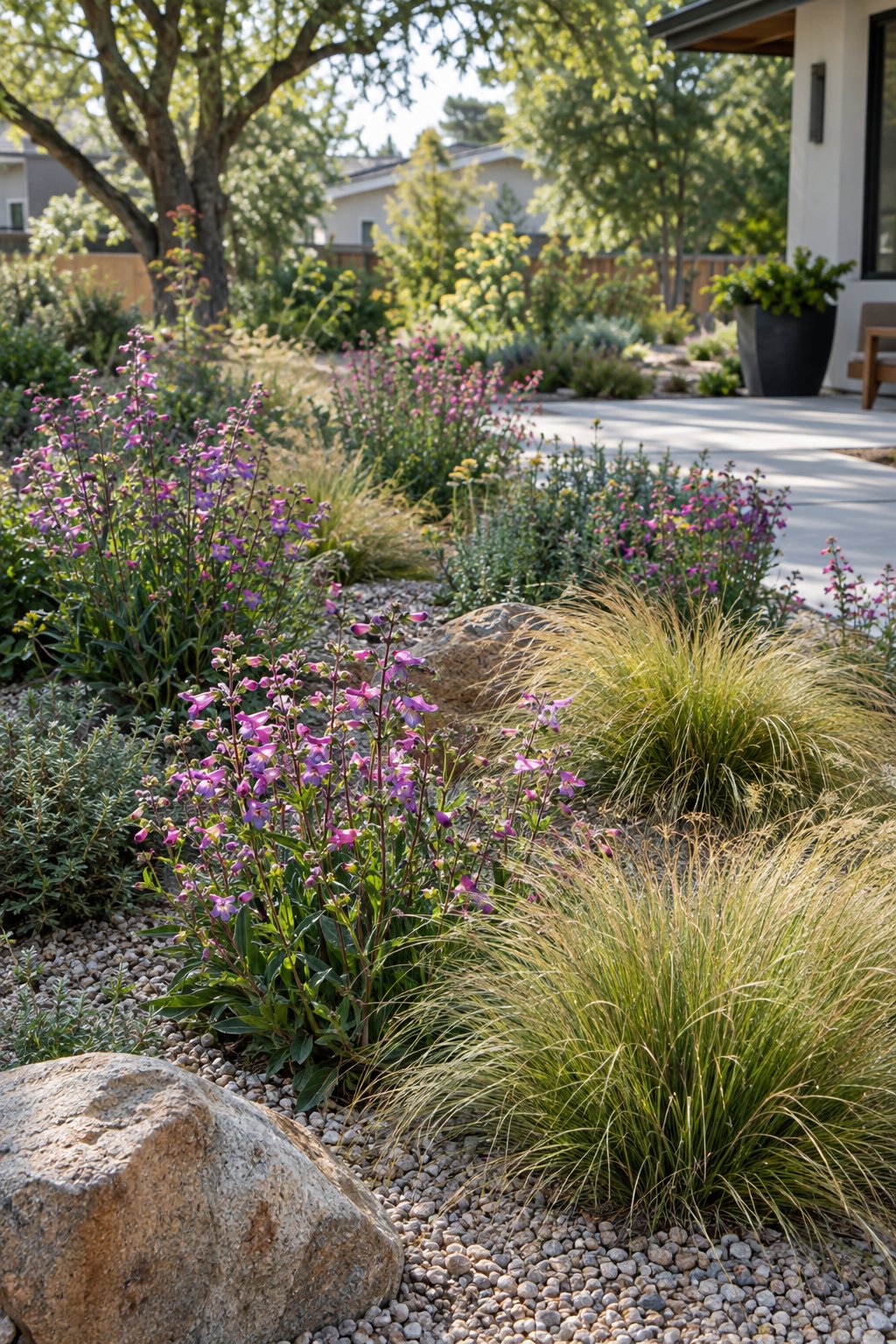 A gravel garden with purple penstemon flowers and prairie dropseed grasses in a backyard.