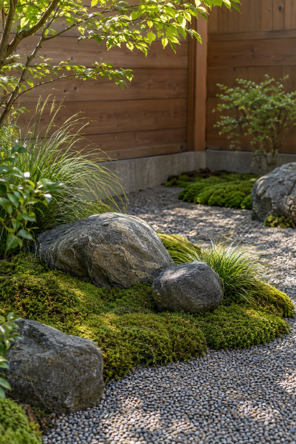 A minimalist backyard corner with smooth stones arranged among green moss and gravel.