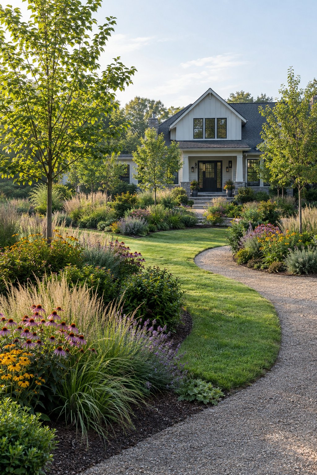 A neatly landscaped backyard with repeated clusters of native plants arranged in formal garden beds.