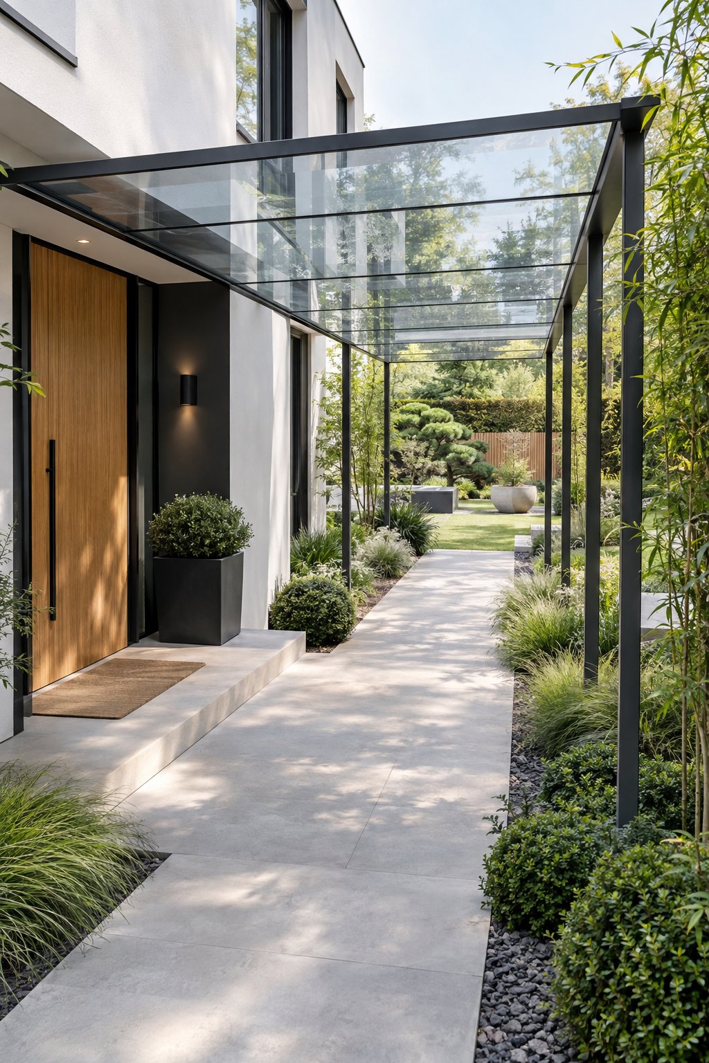 A glass-covered walkway connects a modern house to a minimalist backyard garden.