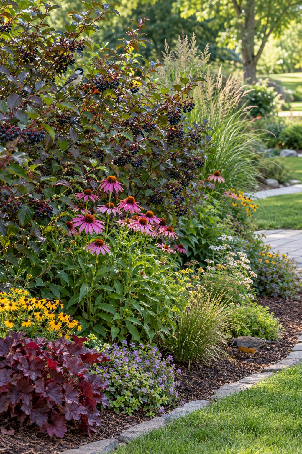 A backyard garden border with chokeberry shrubs, purple coneflowers, native grasses, and small birds.