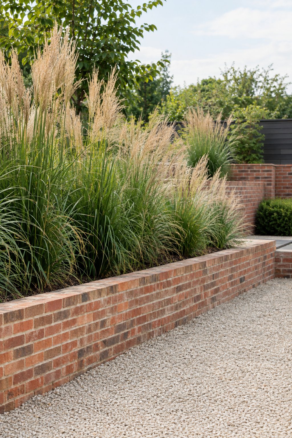 A minimalist backyard garden with a brick retaining wall and tall feather reed grass.