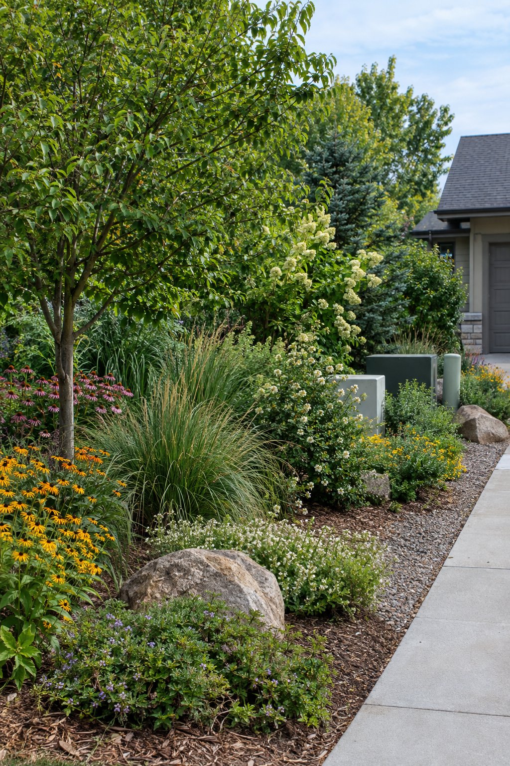A native plant garden screens a residential driveway and utility area.