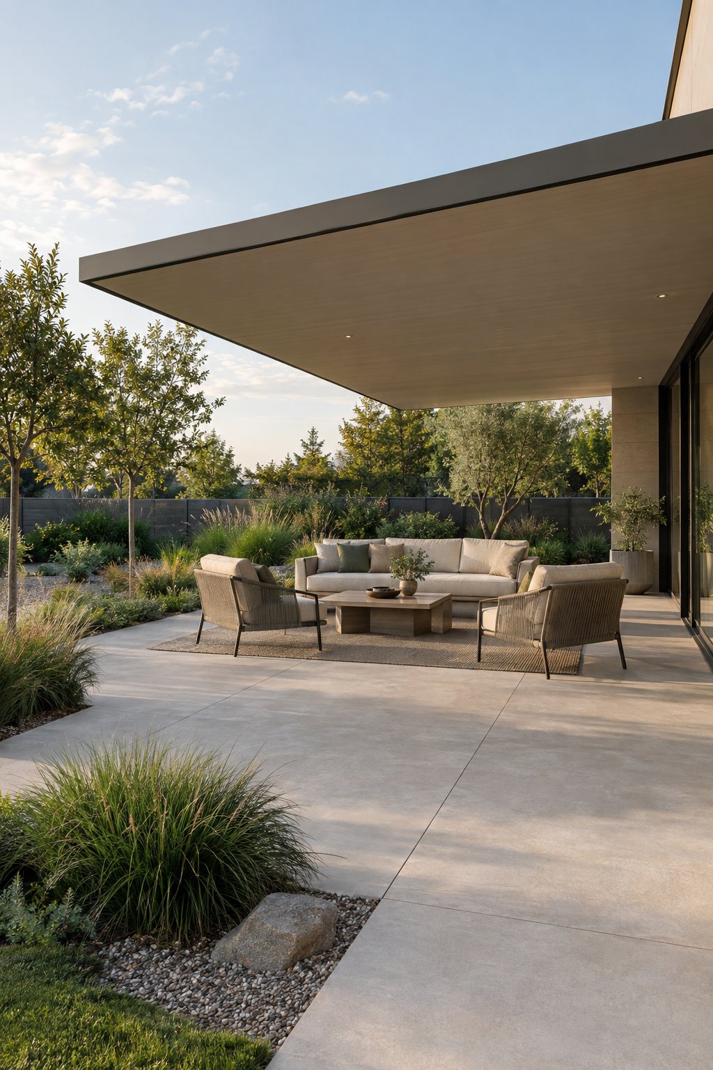 A minimalist backyard garden with a shaded outdoor lounge beneath a cantilevered patio cover.