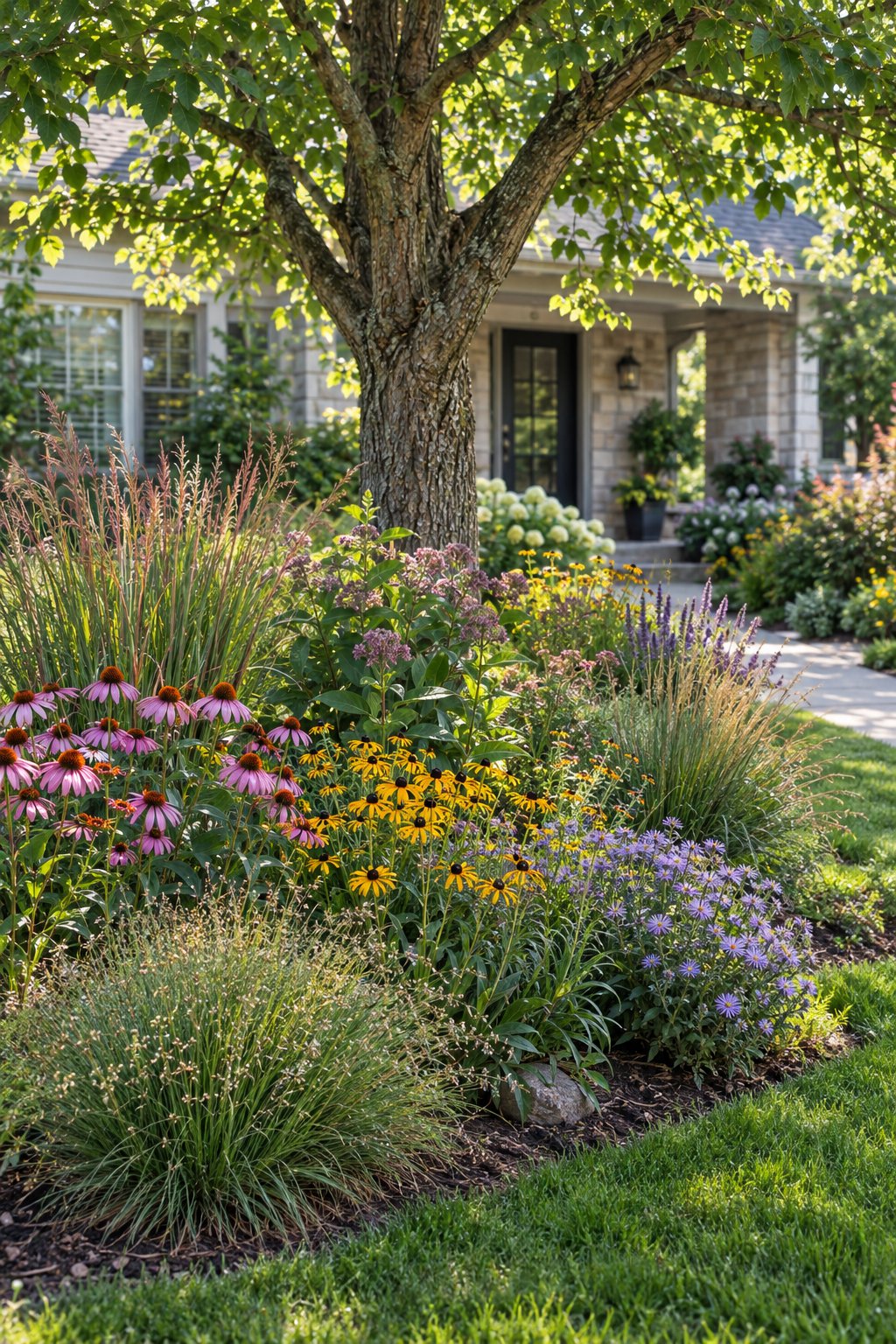 A native prairie garden of grasses and wildflowers surrounds a mature tree in a tidy front yard.